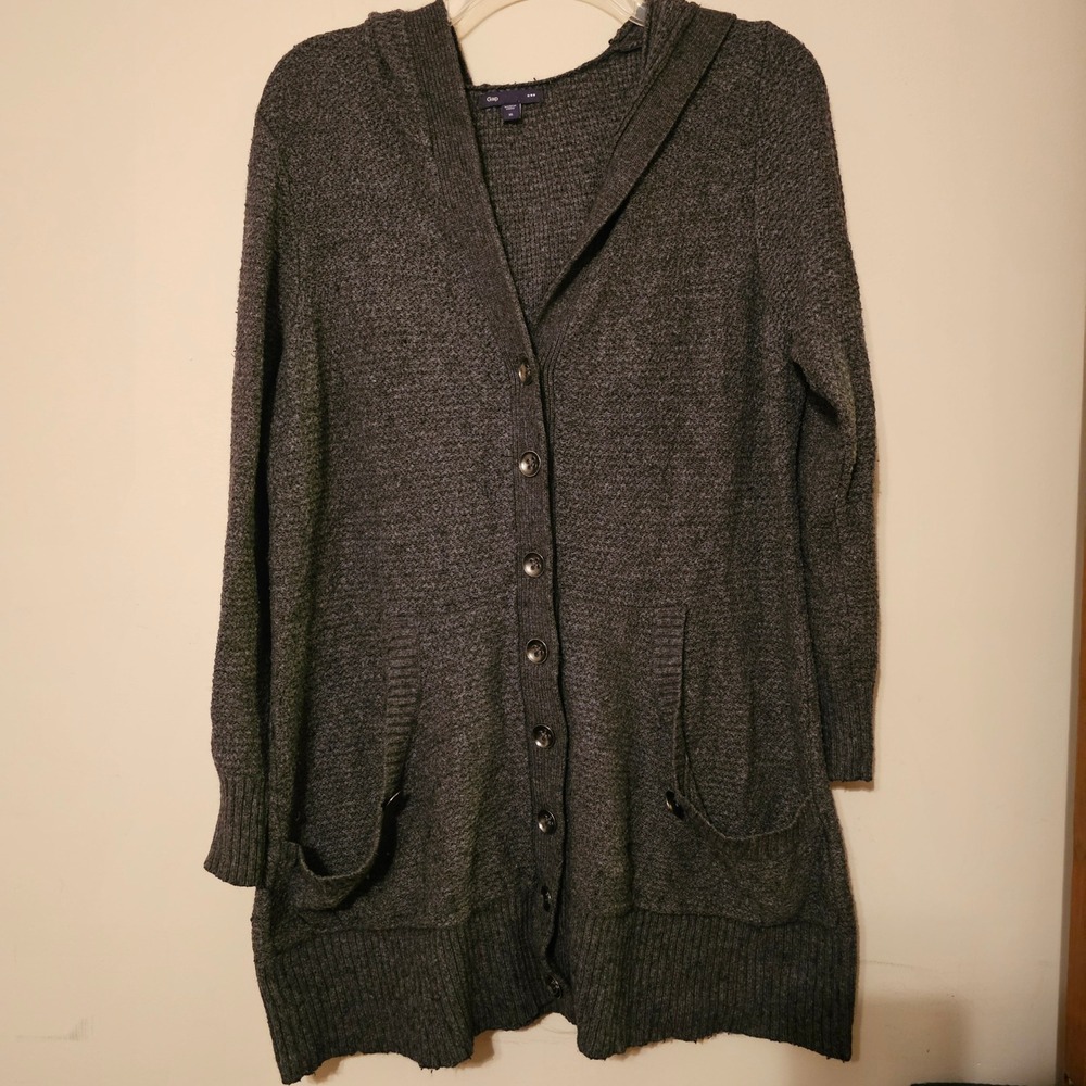 Gap Womens XL Charcoal Gray Marl Hooded Longline Button Front Cardigan Sweater